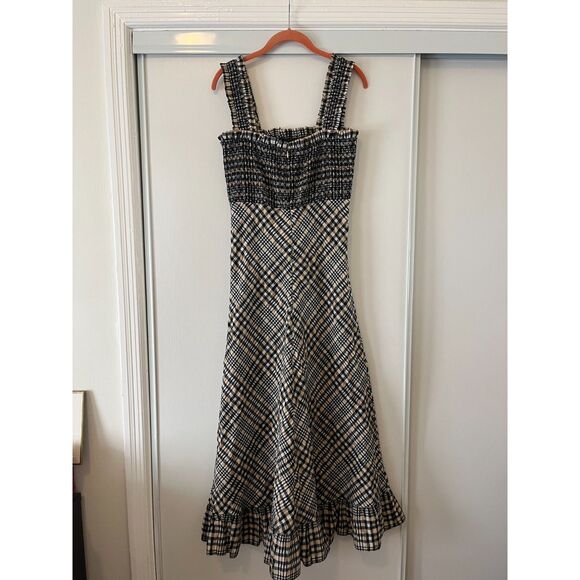 Ganni Smocked Checked Seersucker Midi Dress - sz 36 (US 4 / S) - Picture 3 of 5